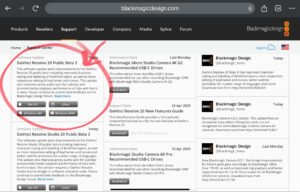 DaVinci Resolve 20 Public Beta 3 download options for Mac, Windows, and Linux on the official Blackmagic Design support page