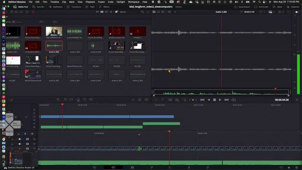 shows clip with two channels of audio in the preview window of danvinci resolve. 