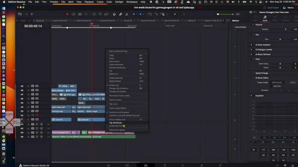Right-click menu showing Clip Attributes in DaVinci Resolve”