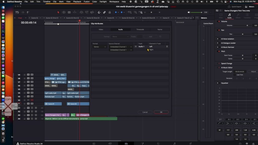 Timeline showing stereo track with two waveforms in DaVinci Resolve