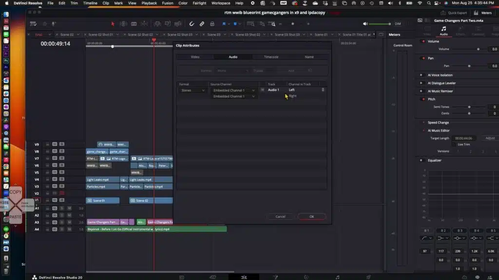 Timeline showing stereo track with two waveforms in DaVinci Resolve